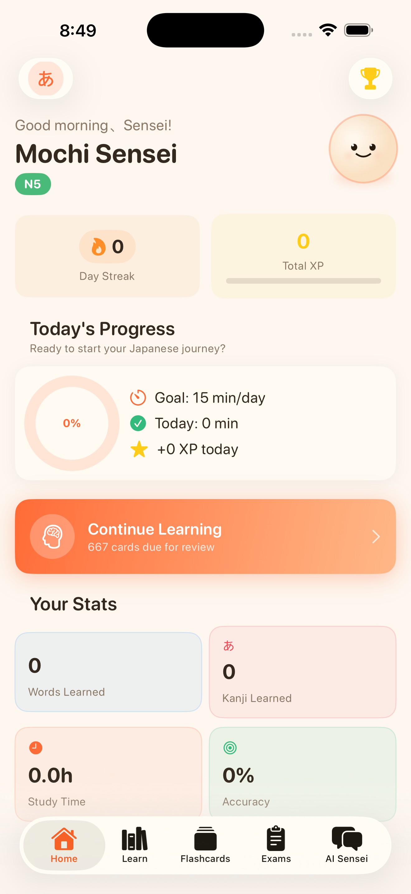 Mochi Sensei home dashboard showing streak and XP
